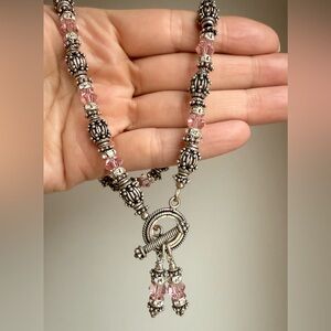 18” Elegant Silver Boho bead and Swarovski Pink Crystal Beaded Toggle Necklace